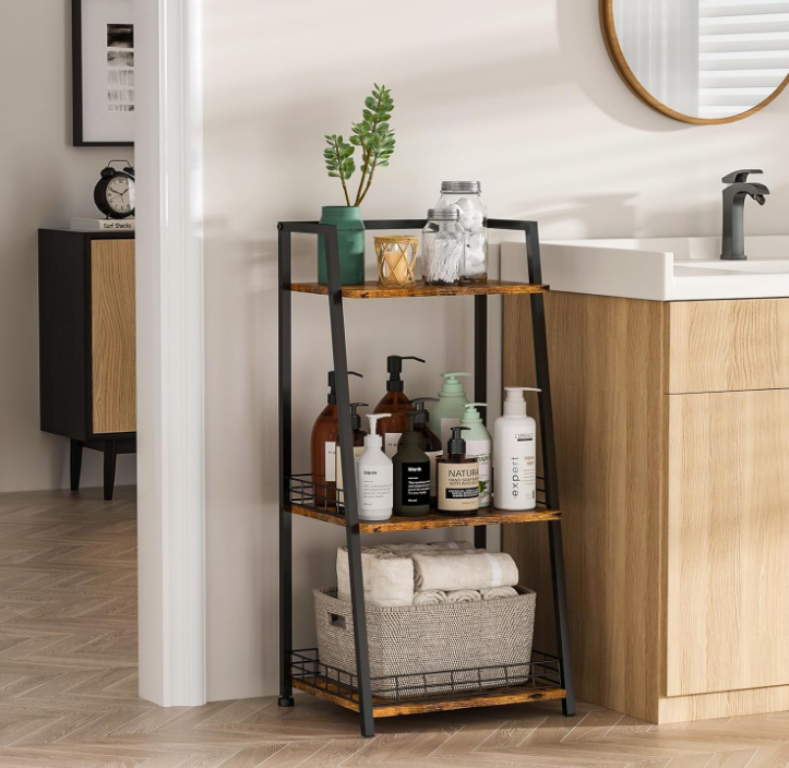 3-Tier Bathroom Shelf with Fence, Retro Bathroom Organizers and Storage Stand, Wood Shelving Unit with Metal Frames, Classic Open Floor Storage Shelves for Bathroom, Laundry Room, Living Room