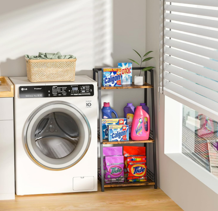 3-Tier Bathroom Shelf with Fence, Retro Bathroom Organizers and Storage Stand, Wood Shelving Unit with Metal Frames, Classic Open Floor Storage Shelves for Bathroom, Laundry Room, Living Room