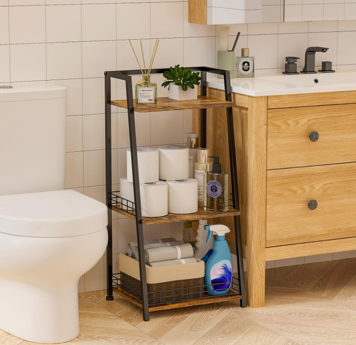 3-Tier Bathroom Shelf with Fence, Retro Bathroom Organizers and Storage Stand, Wood Shelving Unit with Metal Frames, Classic Open Floor Storage Shelves for Bathroom, Laundry Room, Living Room