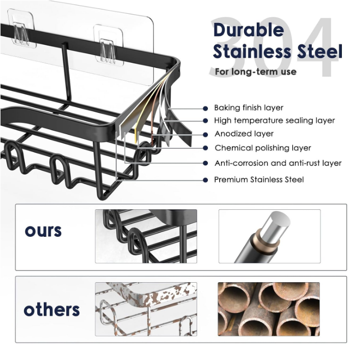 Shower Caddy Adhesive Shower Organizer Rustproof Stainless Steel Bathroom Shelves, Large Capacity No-Drill Rack Storage Accessories with Soap Dish Toothbrush Holder & 16 Hooks Home Decor Black