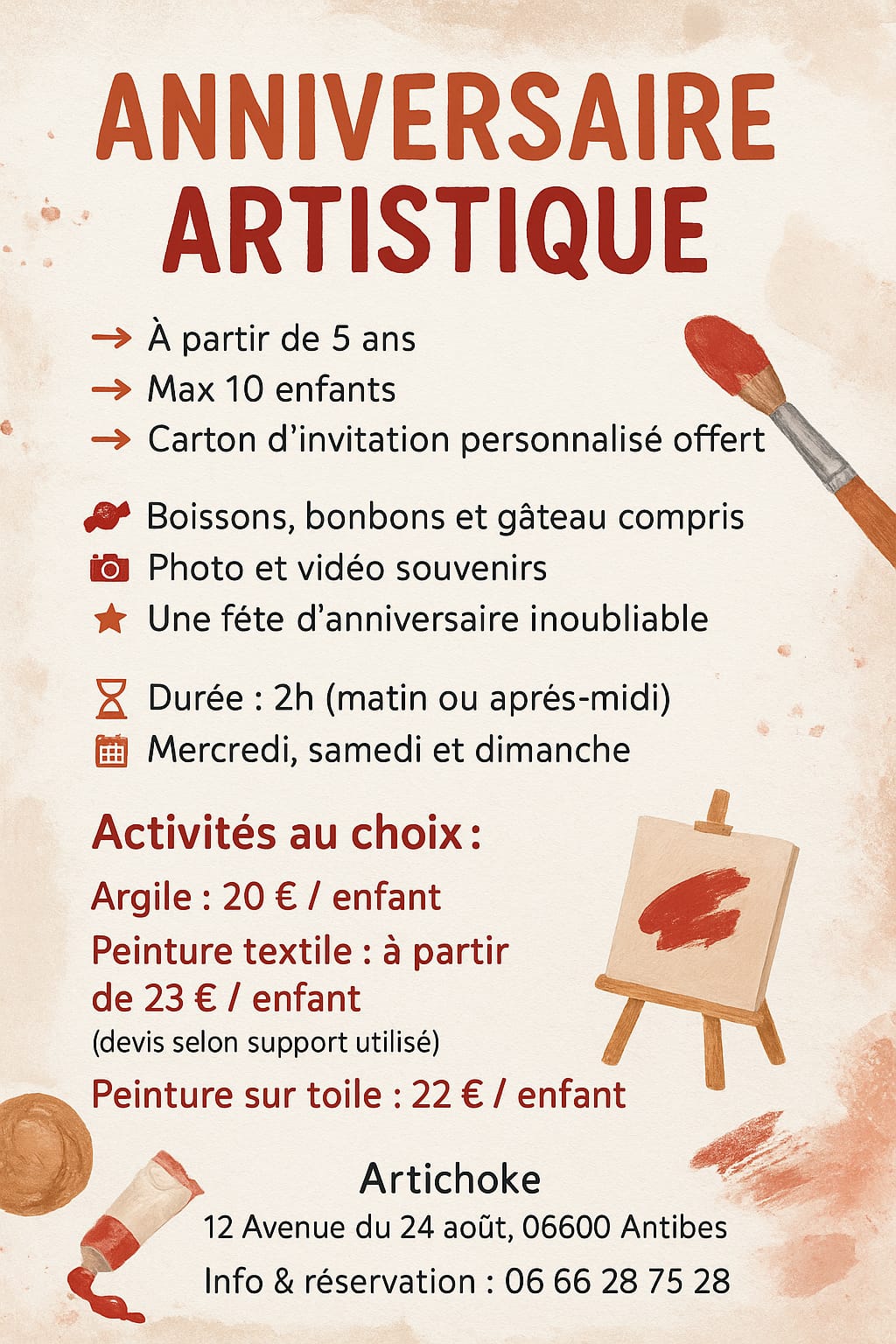 Anniversaire artistique argile 20€ par enfant (minimum 7 enfants offert pour l enfant qui fête son anniversaire)