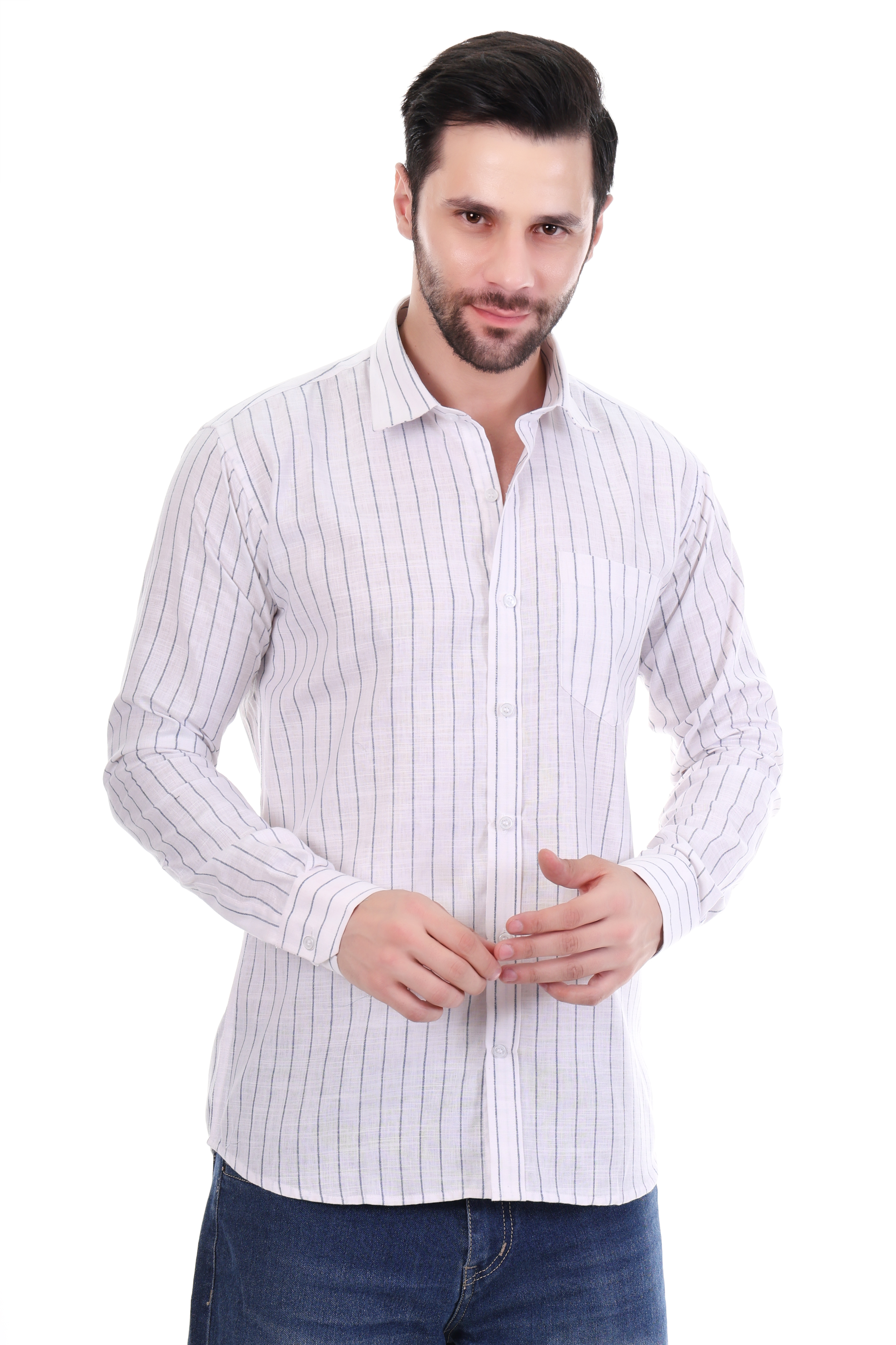Beedark Men's Casual White Striped Shirt Full Sleeve