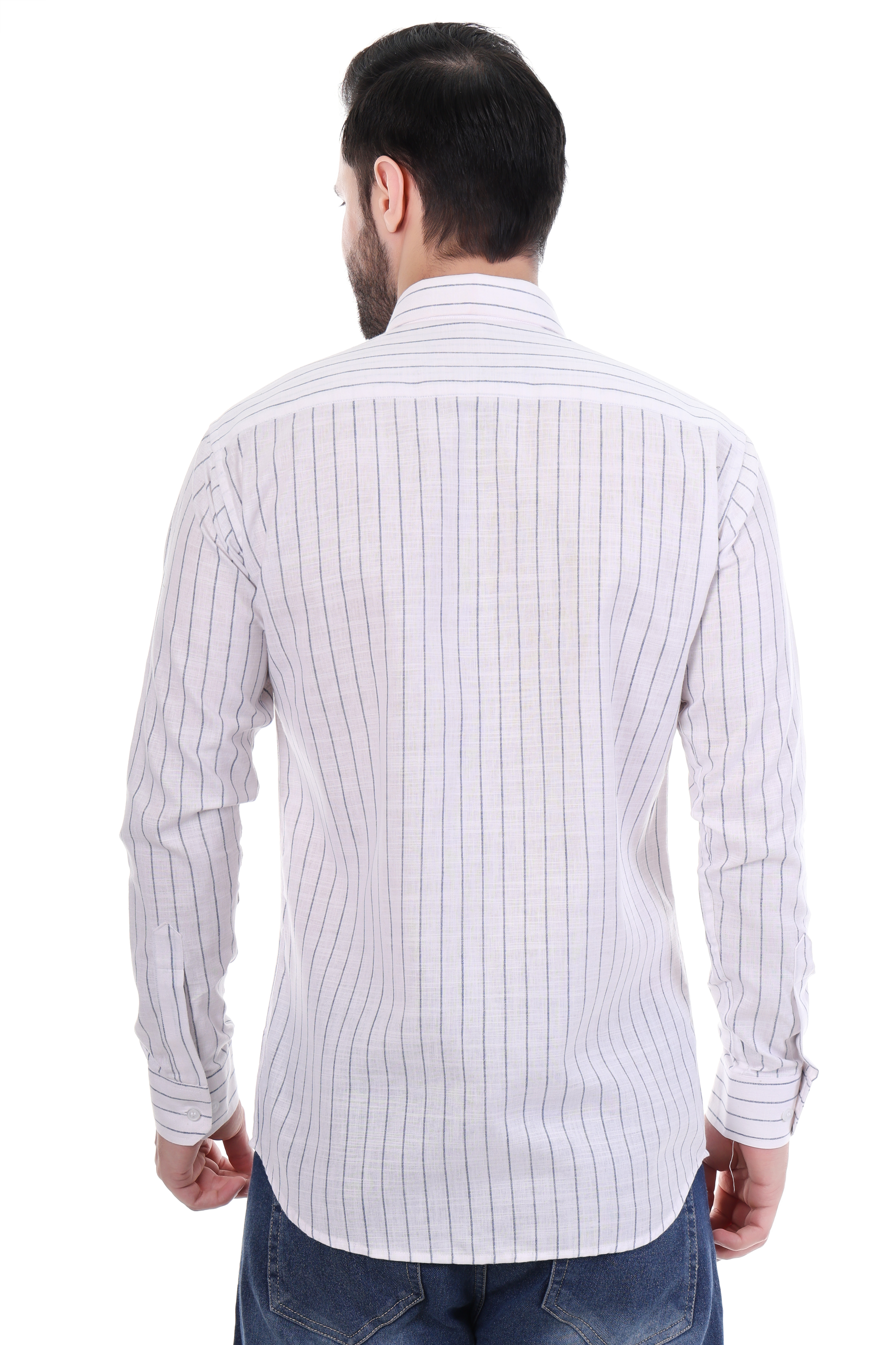 Beedark Men's Casual White Striped Shirt Full Sleeve