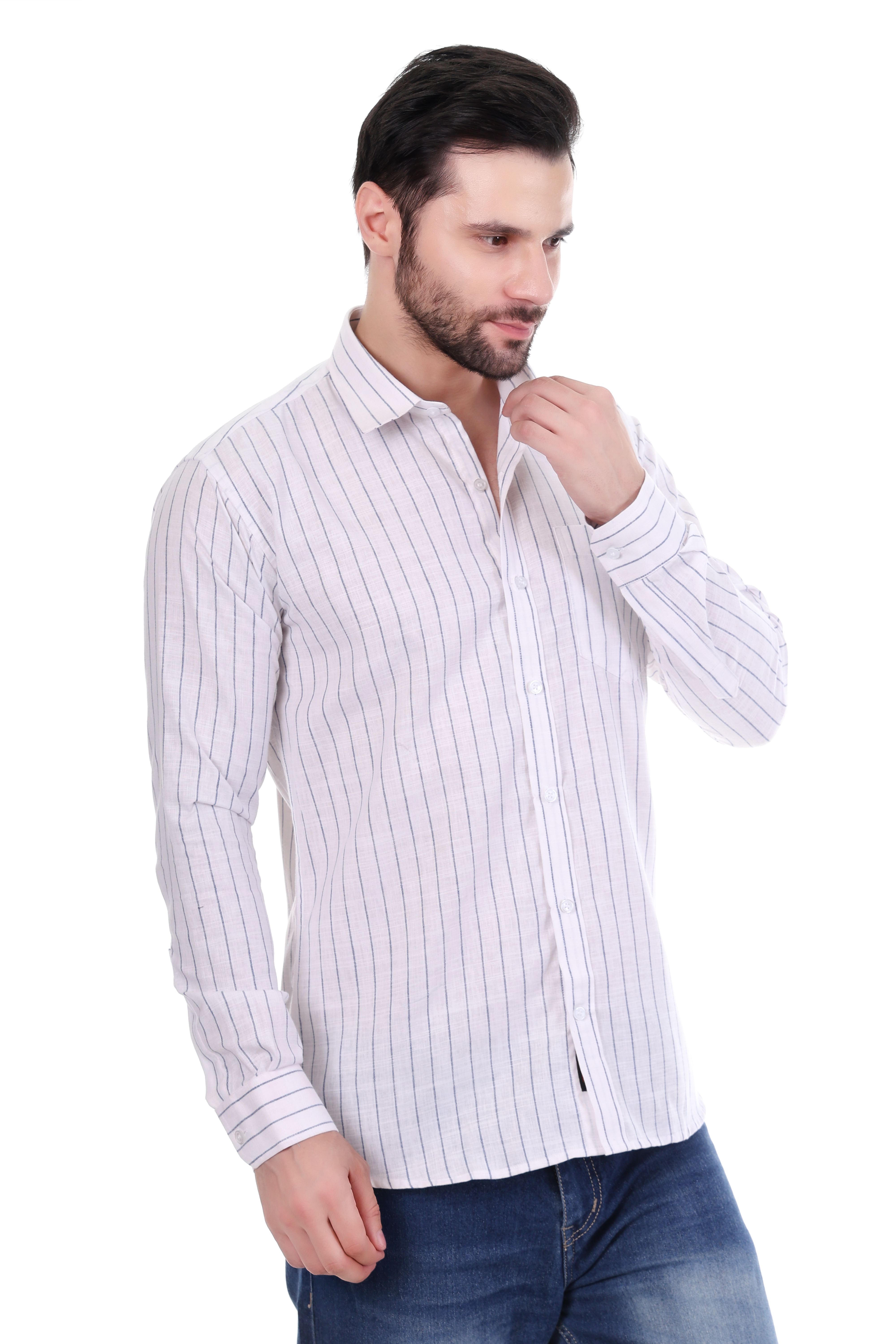 Beedark Men's Casual White Striped Shirt Full Sleeve