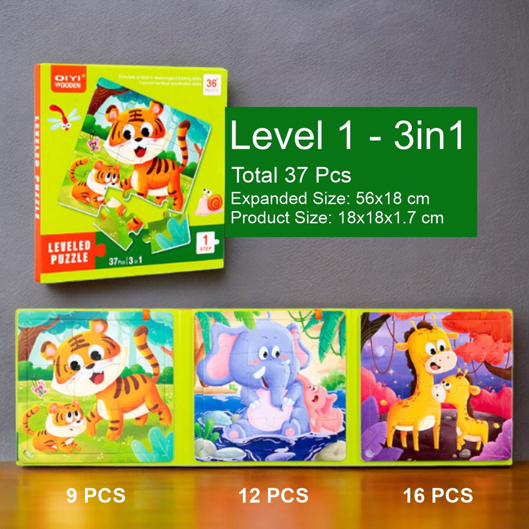 Three in One Increasing Difficulty Level Educational Children Jigsaw Puzzle - 56 x 18 cm