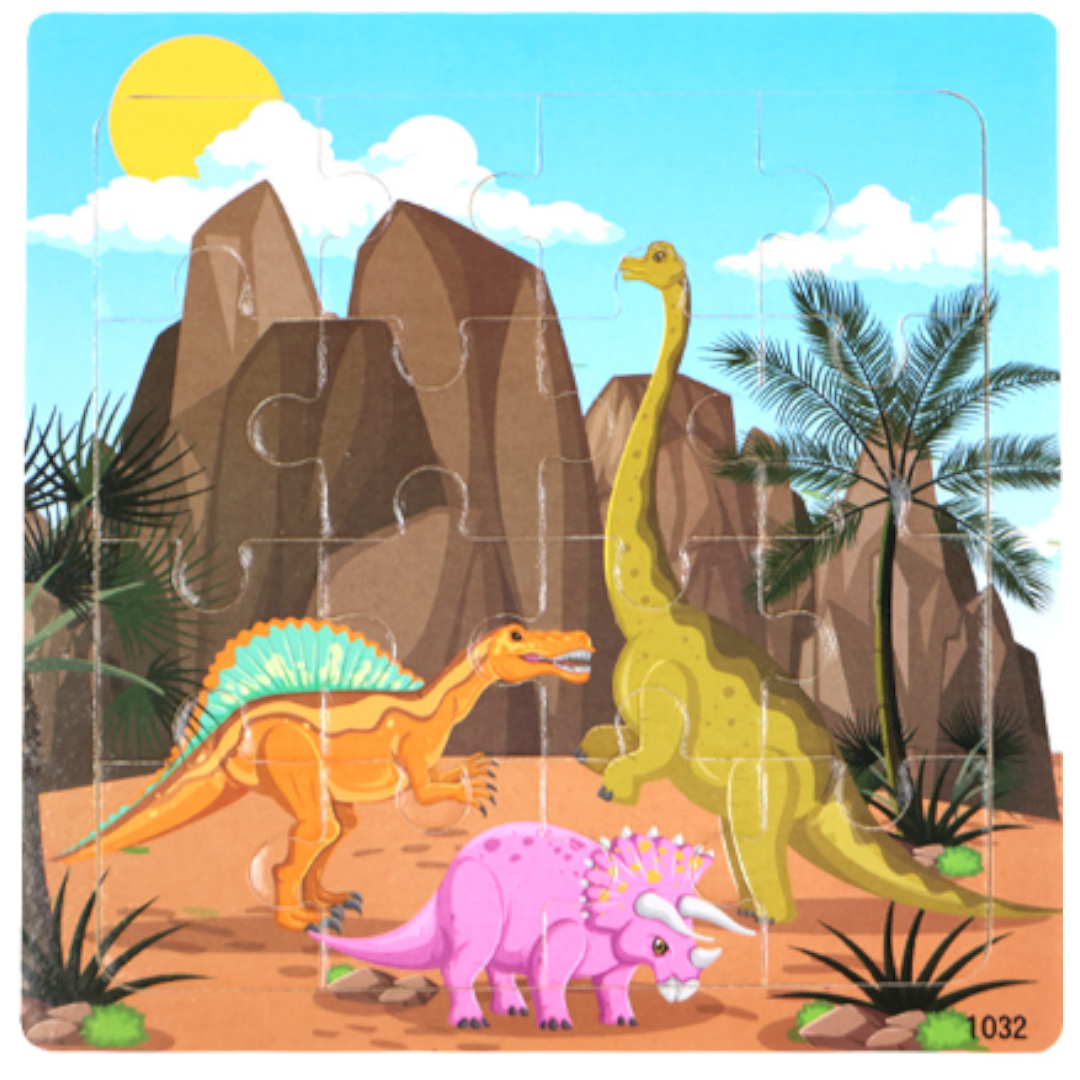 16 Pieces Dinosaur Themed Wooden Children Jigsaw Puzzles - 15 x 15 cm