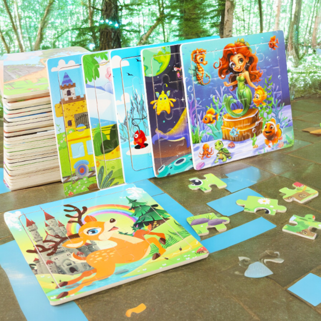 16 Pieces Vehicle Themed Wooden Children Jigsaw Puzzles - 15 x 15 cm