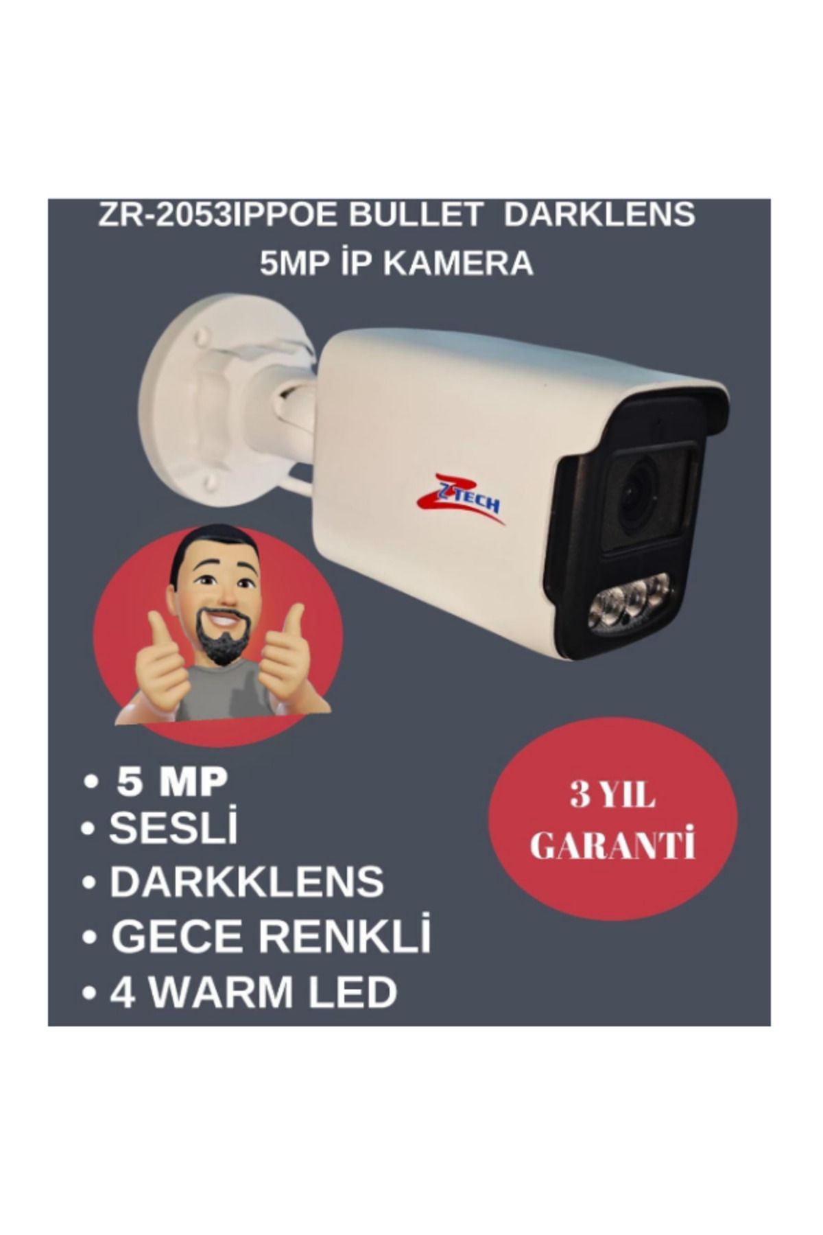 ZR-2053 ıP POE BULLET 4 WARM SESLŻ ARAYLED 3.6MM DARKLENS 5MP ıP KAMERA