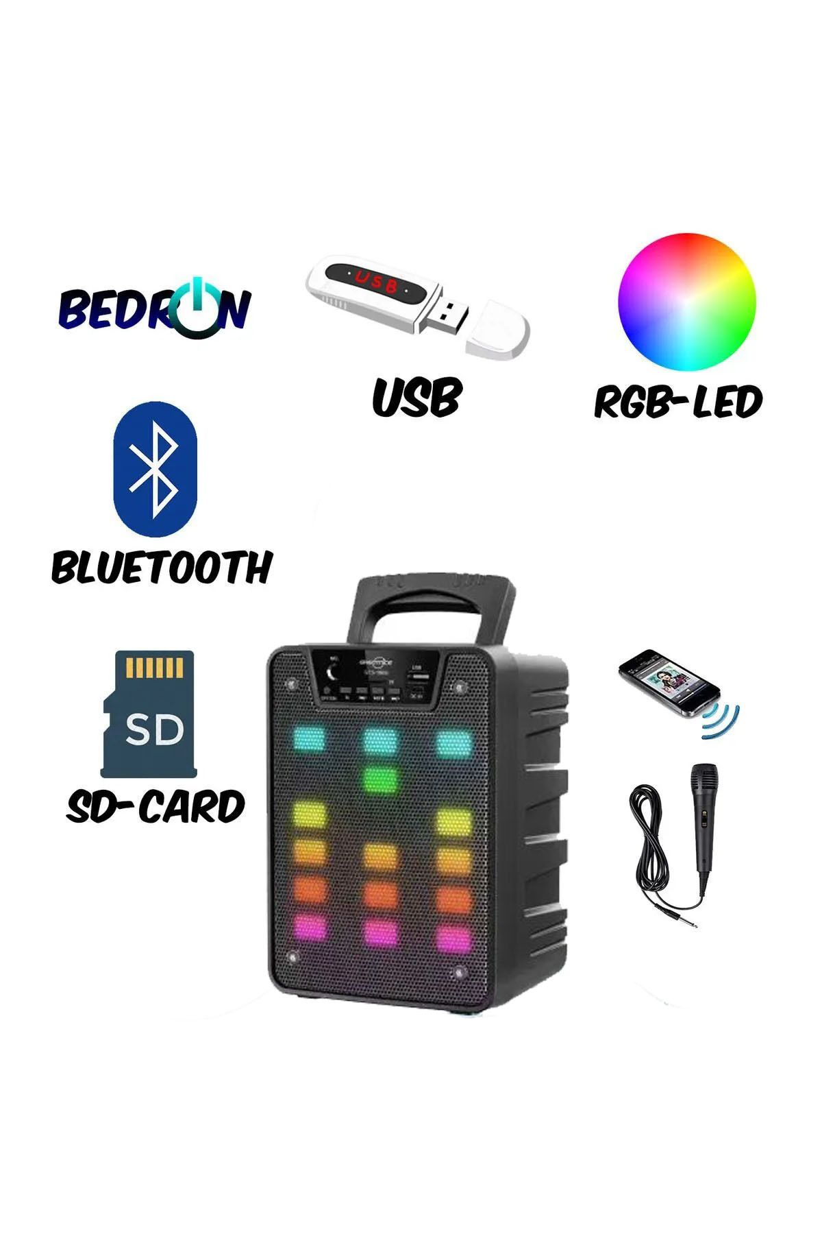 Bluetooth Hoparlör Parti Hoparlörü Karaoke Mikrofon Hediyeli RGB Işıkli Ses Bombası Radyo Usb Aux
