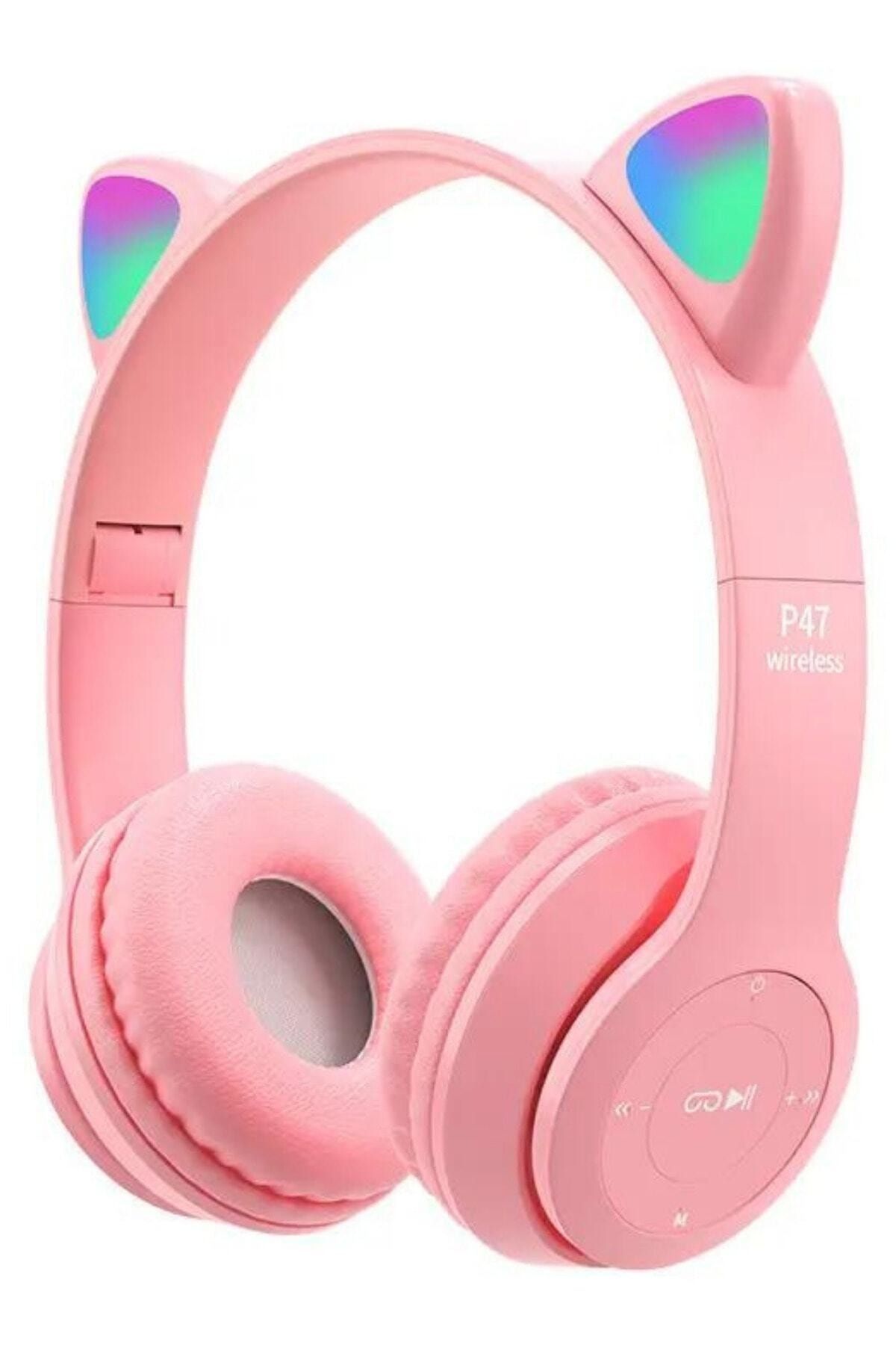 P47 Bluetooth Kedi Kulaklık Led Işıklı Katlanabilir Mikrofonlu Pembe