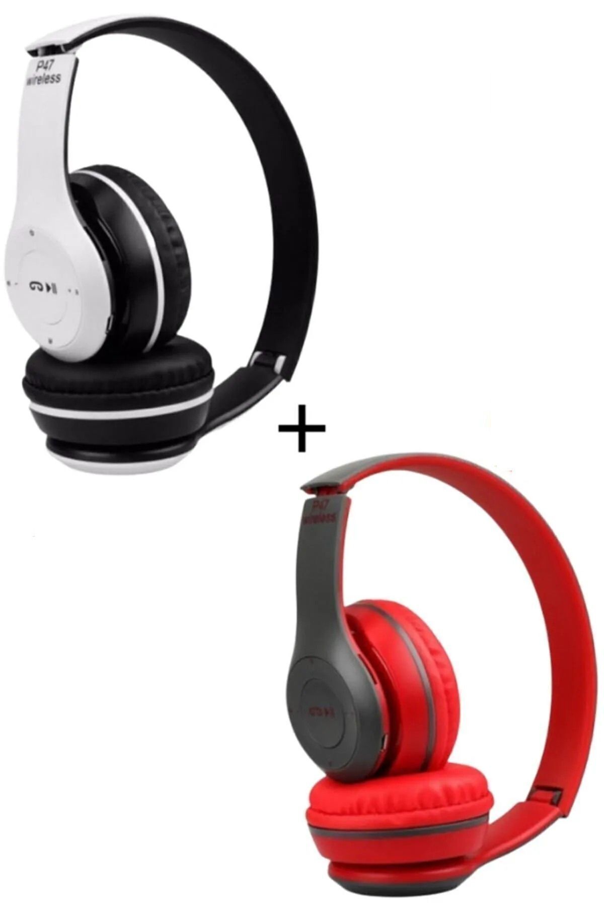 2 Adet P47 Extra Bass Wireless Bluetooth Kulaklık 5.1 Edr Beyaz Kırmızı