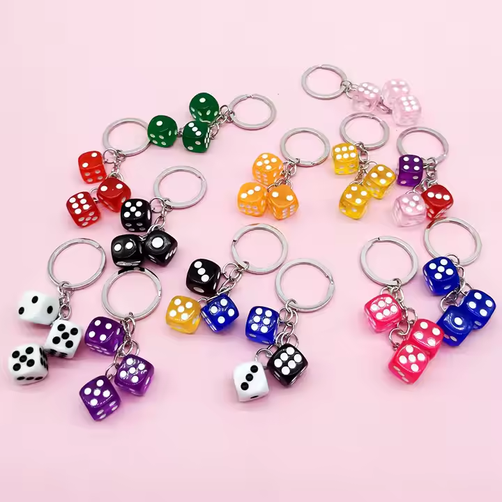 Silver Metal Dice Keychain with Black Dots 3D Cube Square Dice Keyring, Keychain for Bag, Wallet, Cell Phone or Car Pendant