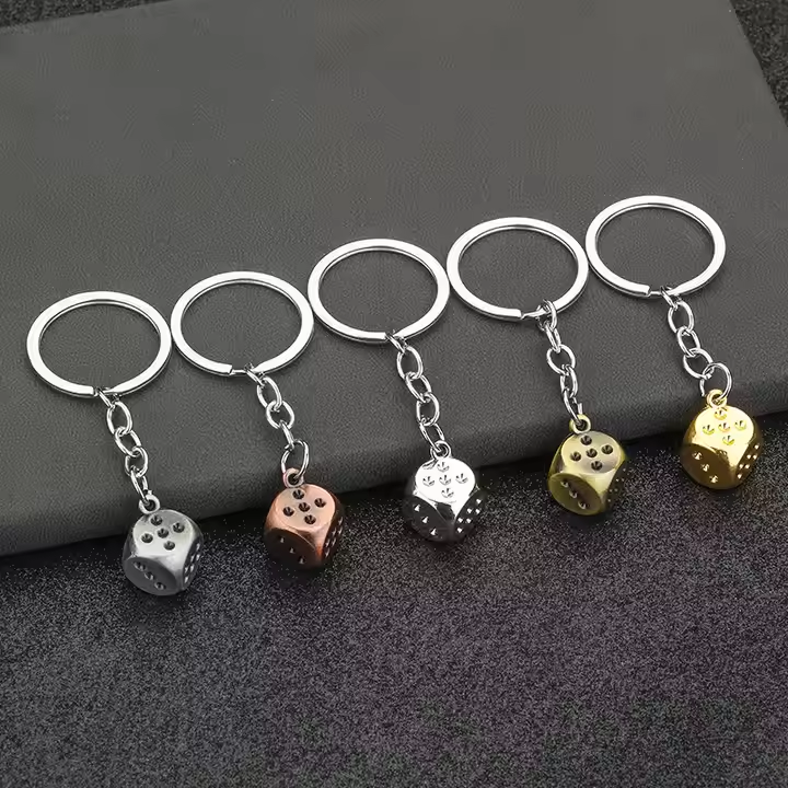 Silver Metal Dice Keychain with Black Dots 3D Cube Square Dice Keyring, Keychain for Bag, Wallet, Cell Phone or Car Pendant