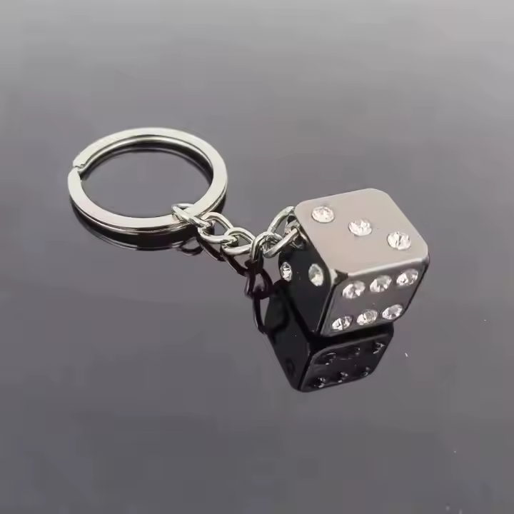 Silver Metal Dice Keychain with Black Dots 3D Cube Square Dice Keyring, Keychain for Bag, Wallet, Cell Phone or Car Pendant