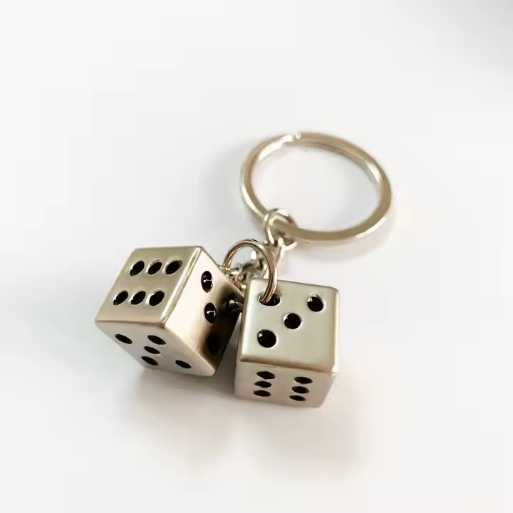 Silver Metal Dice Keychain with Black Dots 3D Cube Square Dice Keyring, Keychain for Bag, Wallet, Cell Phone or Car Pendant