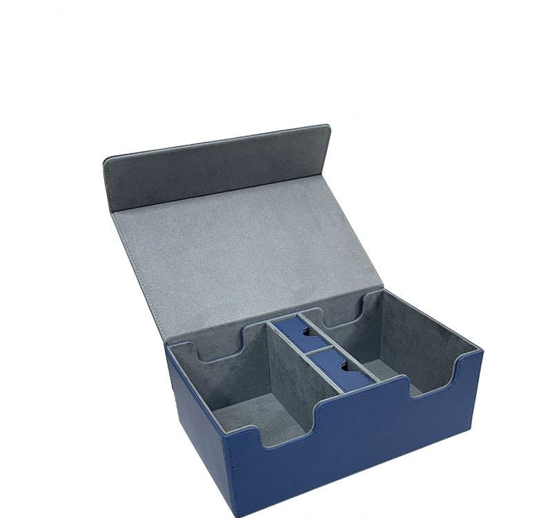 Deck box with removable card cover and two dice boxes inside Leather deck box