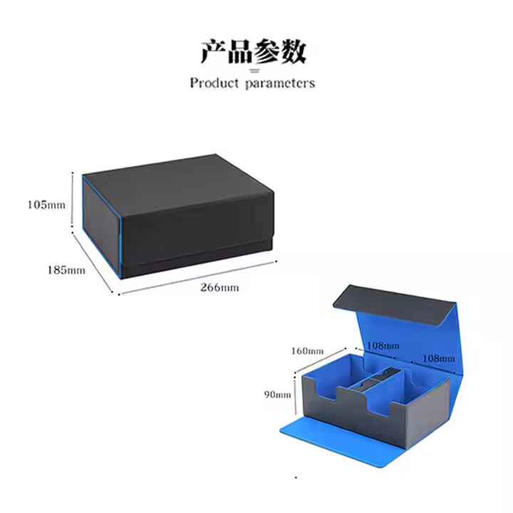 Deck box with removable card cover and two dice boxes inside Leather deck box