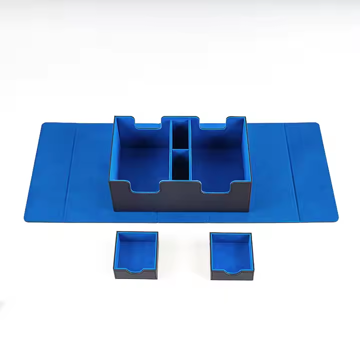 Deck box with removable card cover and two dice boxes inside Leather deck box