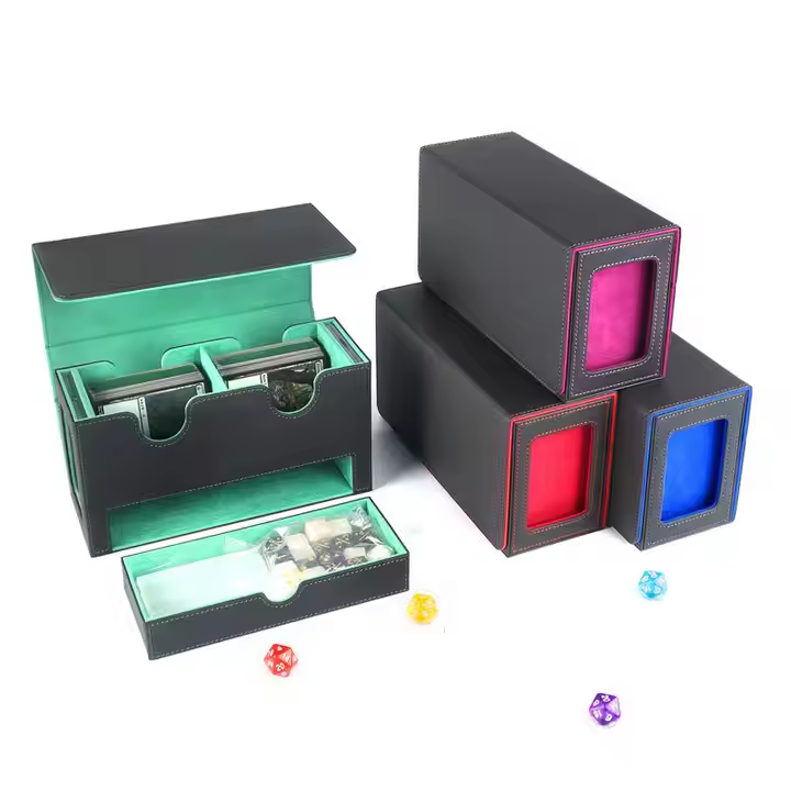 Detachable leather deck box with dice box on the bottom with windows on both sides