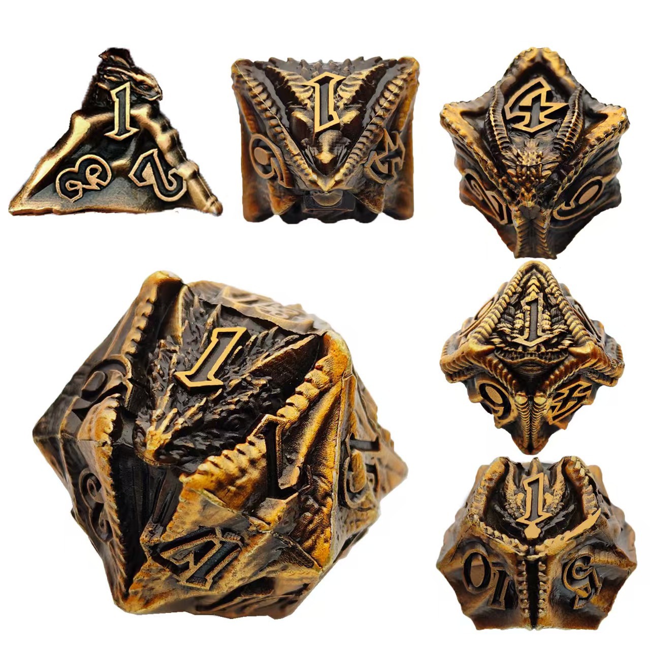 Embossed dragon and metal set dice