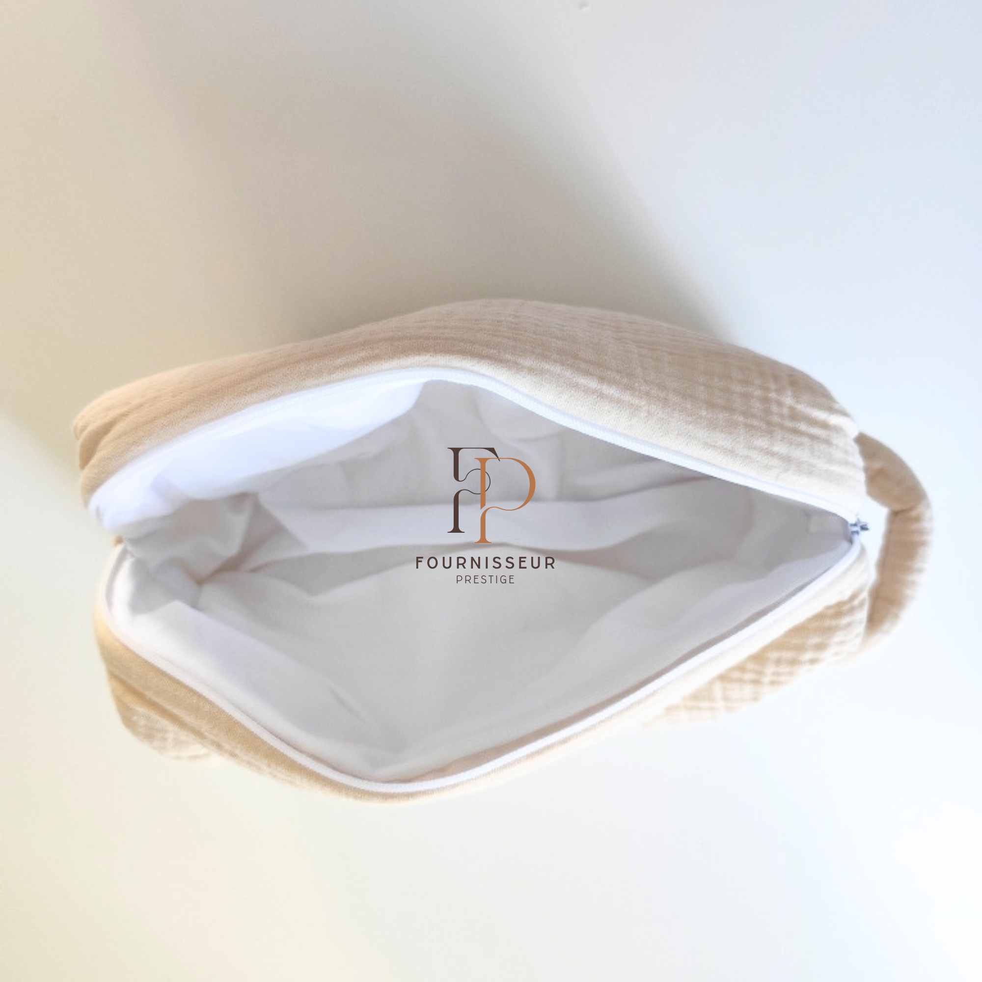 Trousse gaze de coton beige anse coté