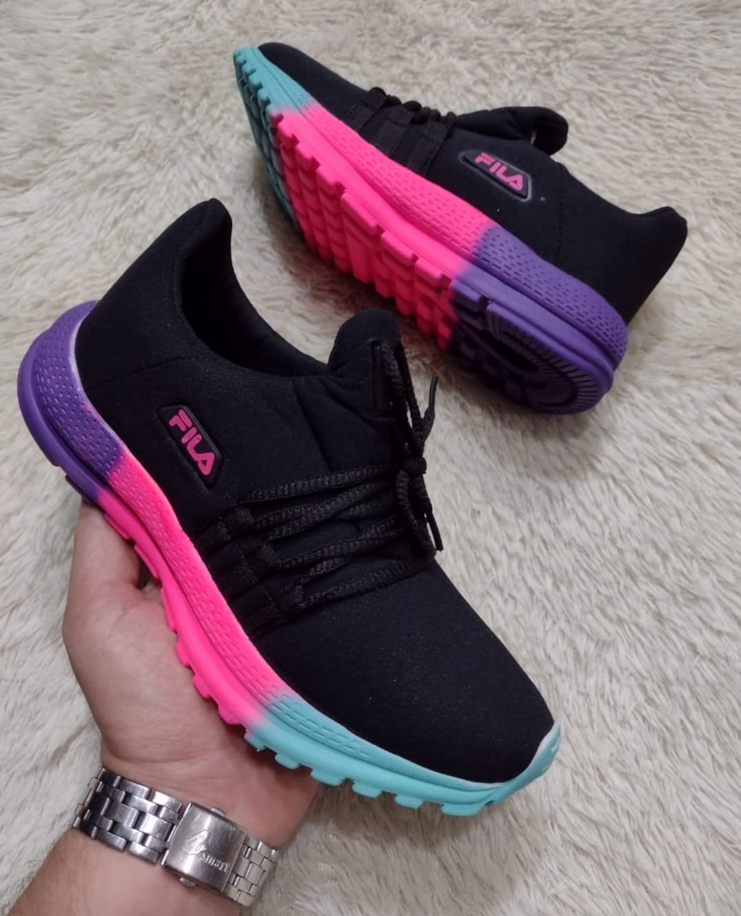 Tênis F1 preto roxo e rosa