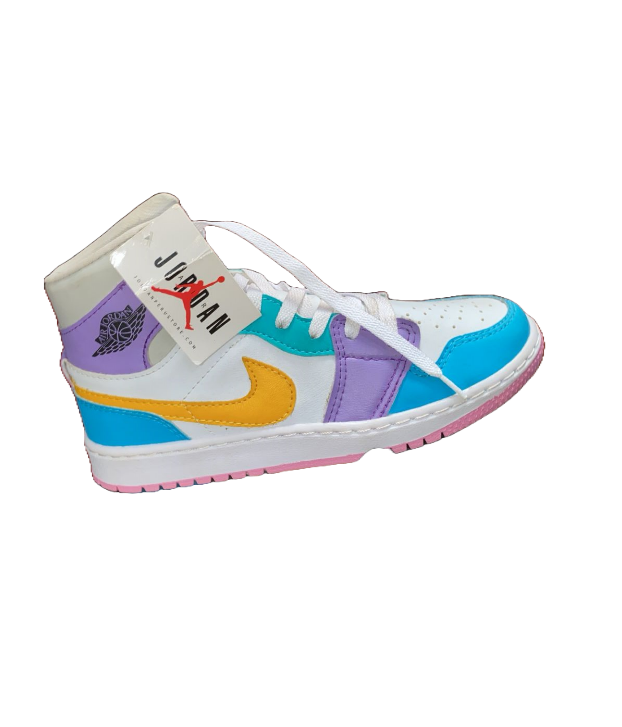 Tênis Nk Jordan branco amarelo e lilas
