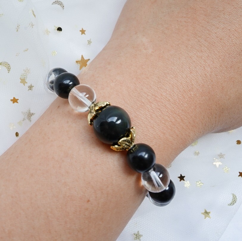"Grey Magick" : Manifestation Accelerator Obsidian & Clear Quartz Bracelet 