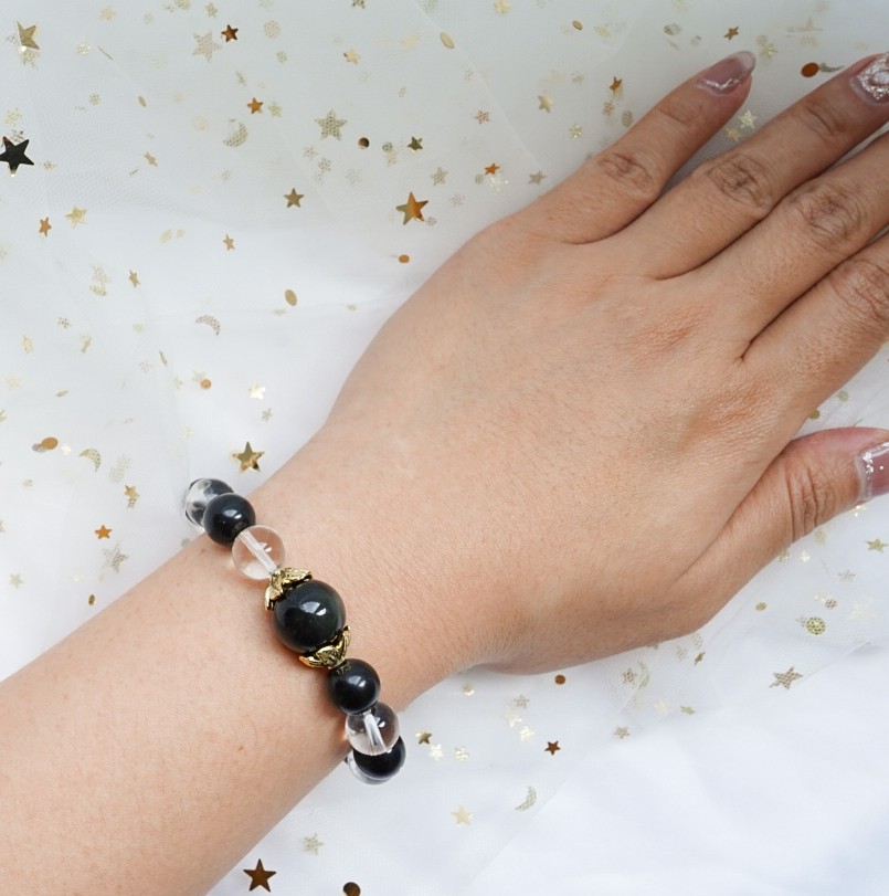 "Grey Magick" : Manifestation Accelerator Obsidian & Clear Quartz Bracelet 