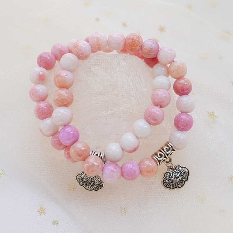  “Harvest Moon Pinkies" : Pink and Peach beaded bracelet with chinese character charm