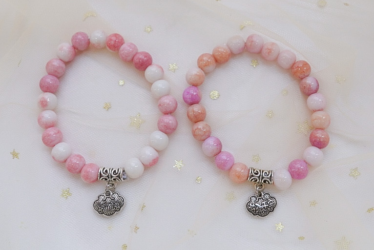  “Harvest Moon Pinkies" : Pink and Peach beaded bracelet with chinese character charm