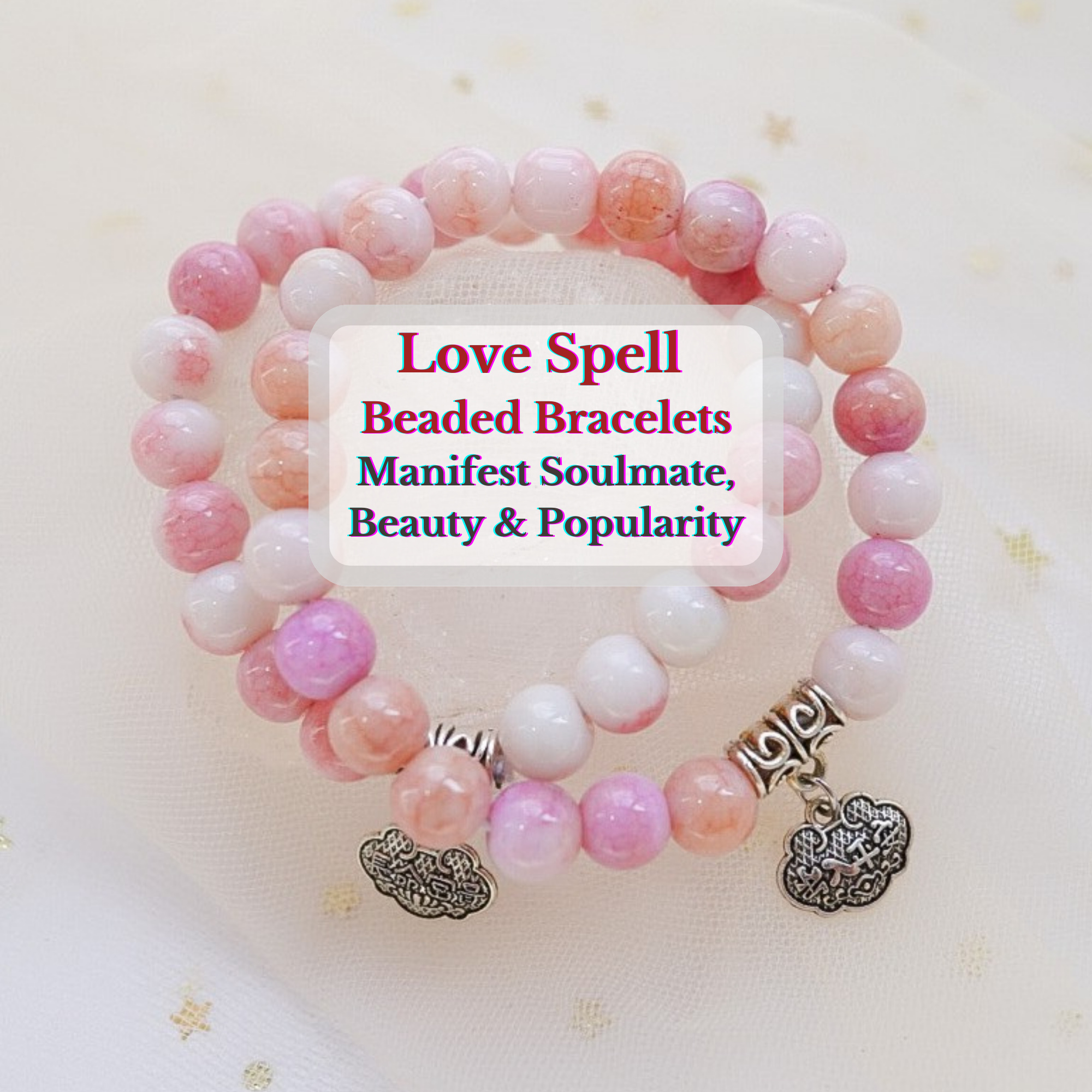  “Harvest Moon Pinkies" : Pink and Peach beaded bracelet with chinese character charm