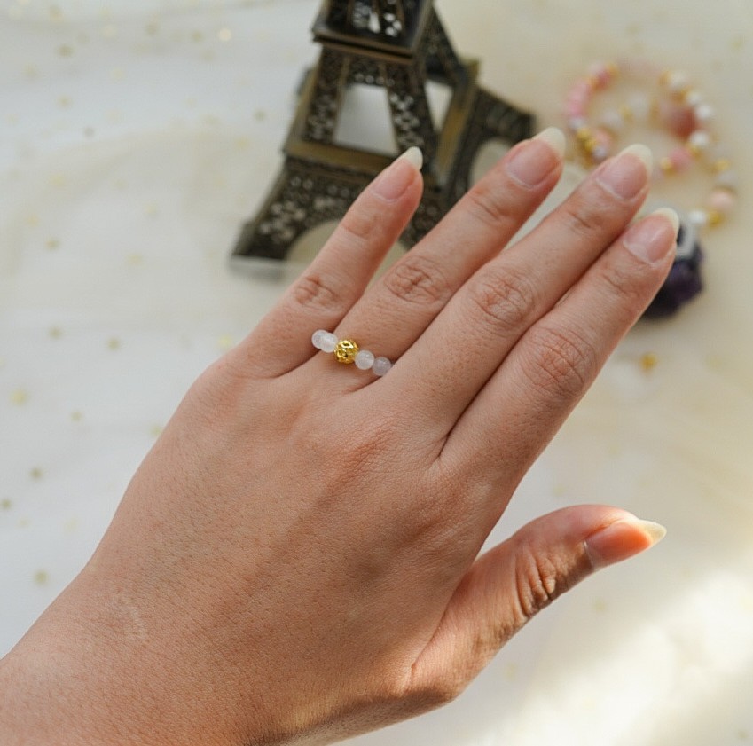 Spelled White Jade Beaded Ring 