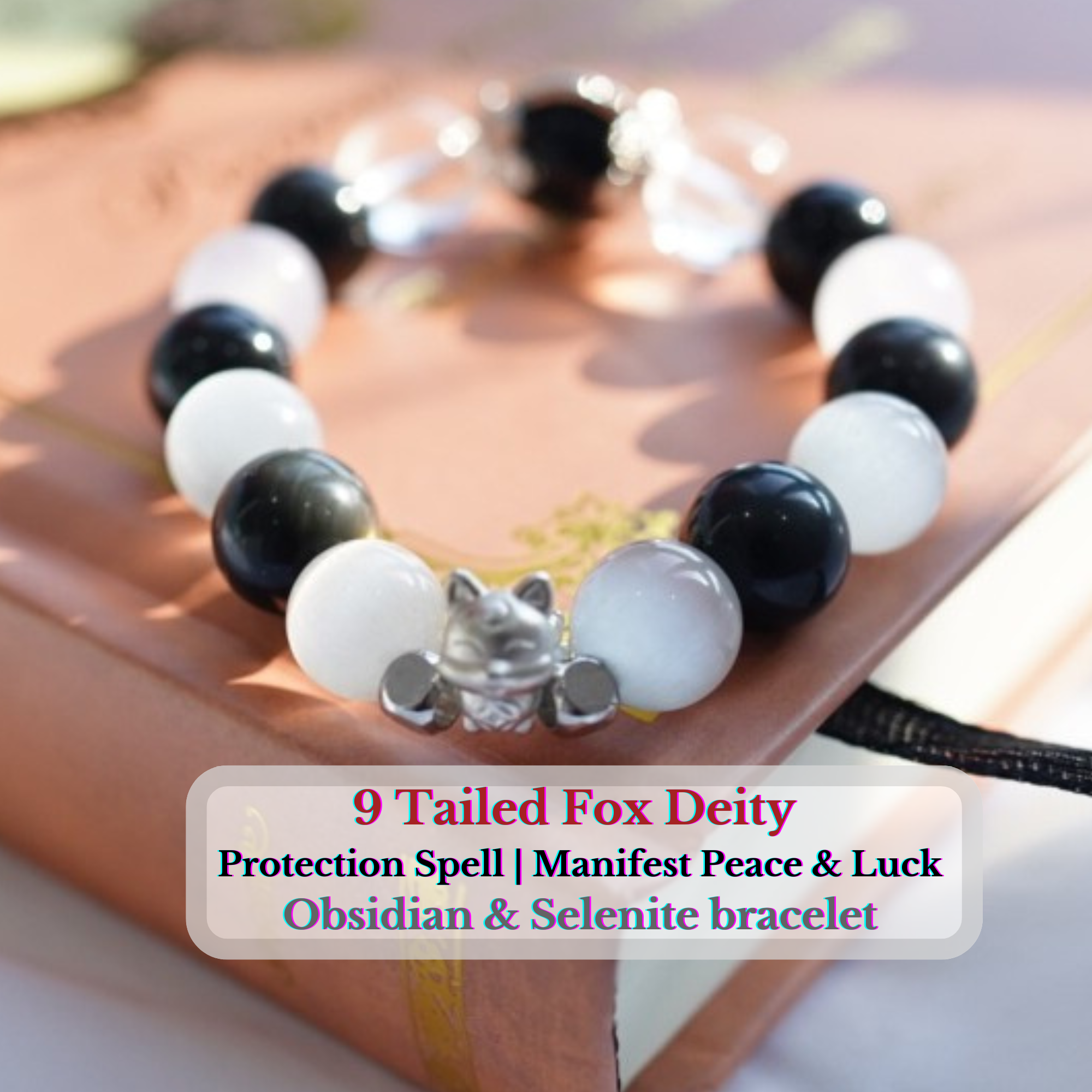 “Shadow Fox Yin Yang” : Obsidian & Selenite bracelet with silver fox charm
