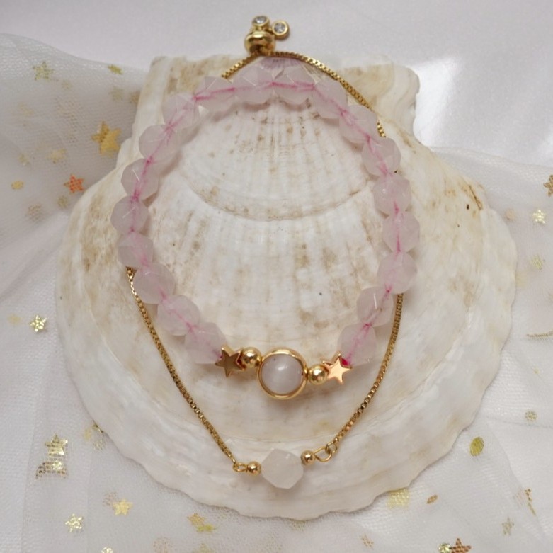 "Celestial Double Bloom": Cosmic Energy-infused Rose Quartz beaded double bracelets
