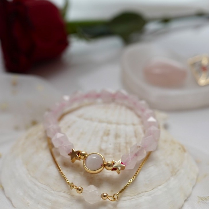 "Celestial Double Bloom": Cosmic Energy-infused Rose Quartz beaded double bracelets