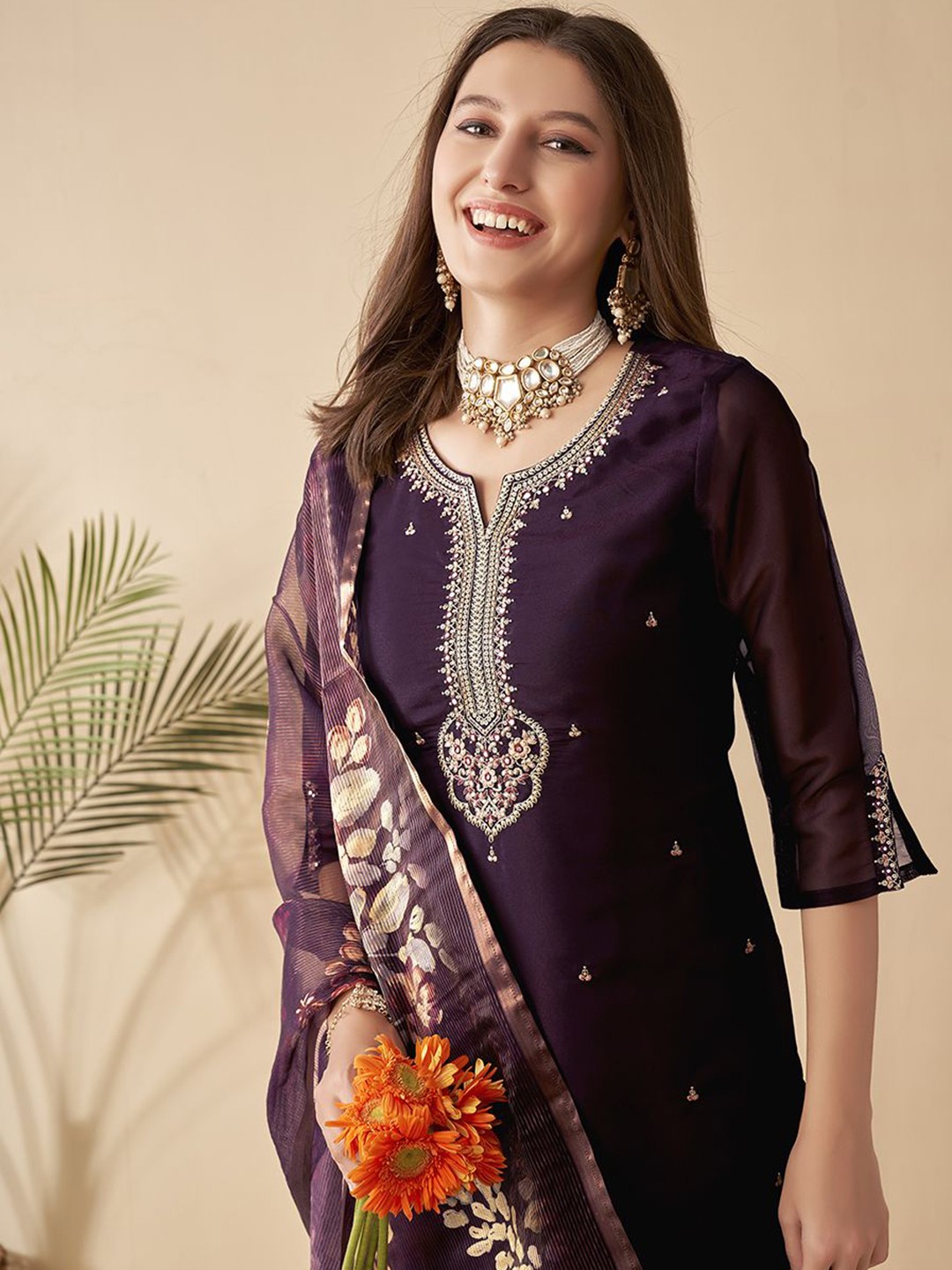 Violet Embroidered Sequined Straight Kurta 