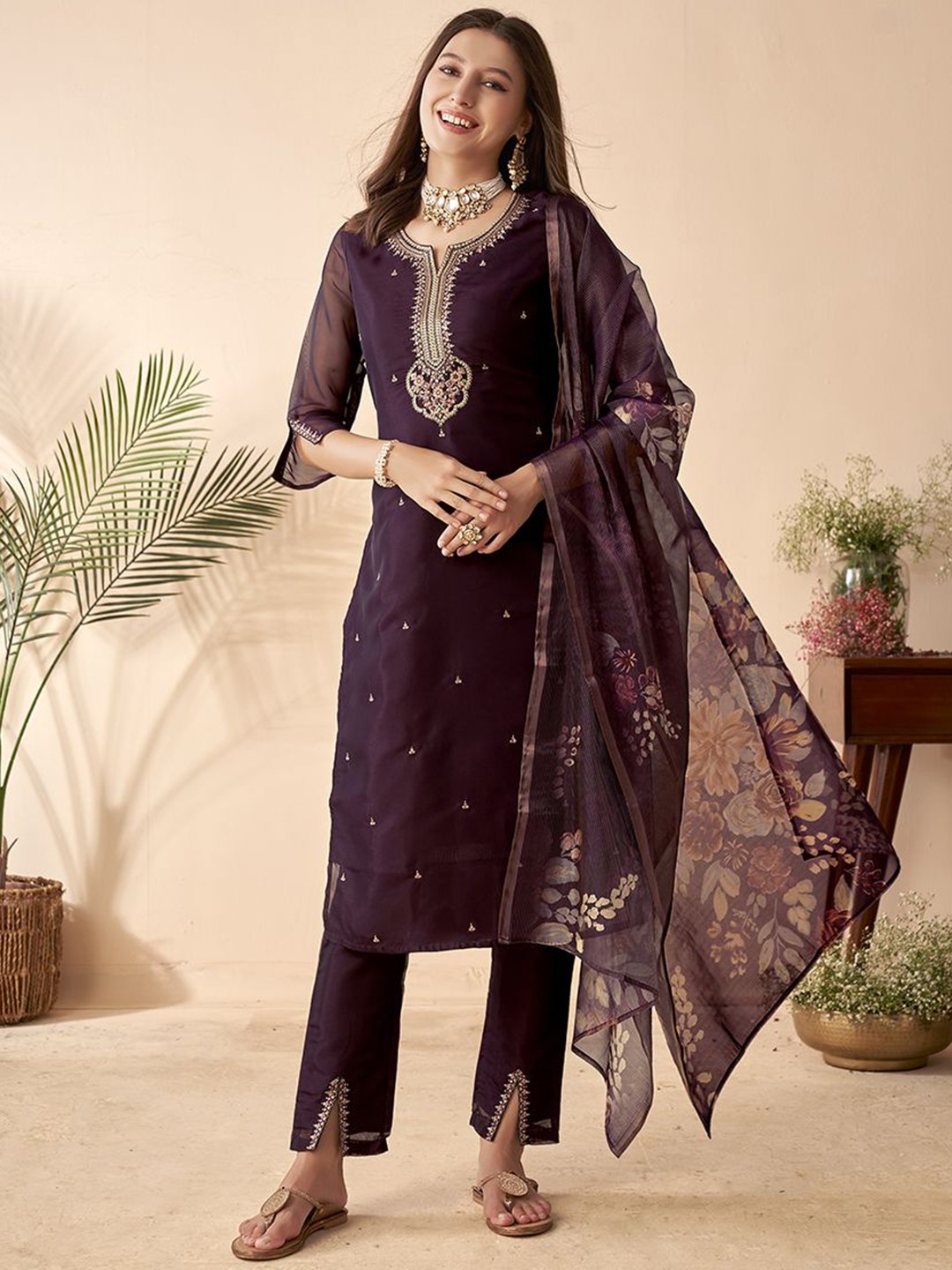 Violet Embroidered Sequined Straight Kurta 