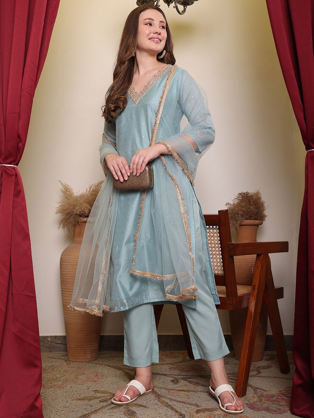 Round Neck Three-Quarter Sleeves Chanderi Cotton Kurta Set
