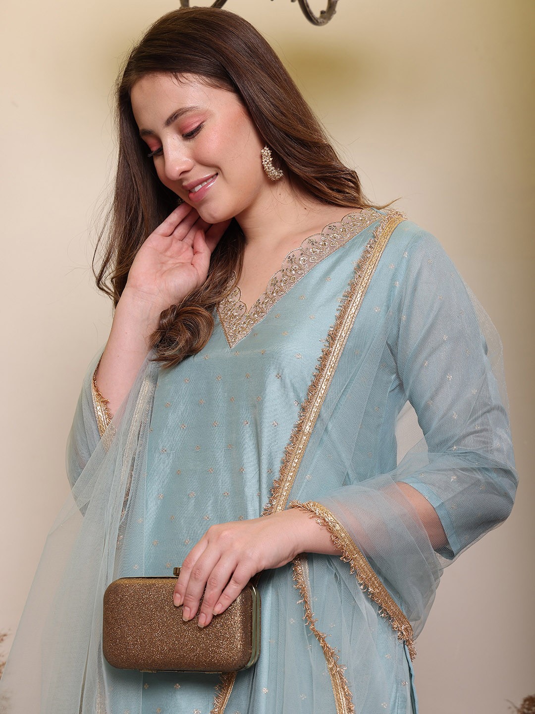 Round Neck Three-Quarter Sleeves Chanderi Cotton Kurta Set
