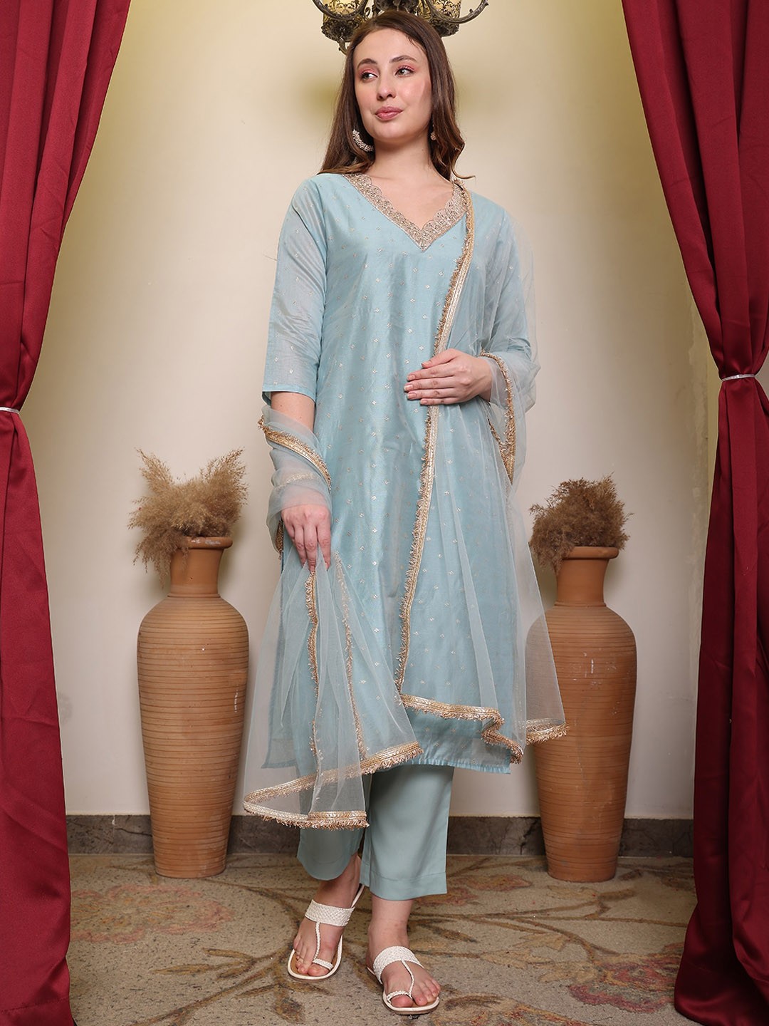 Round Neck Three-Quarter Sleeves Chanderi Cotton Kurta Set