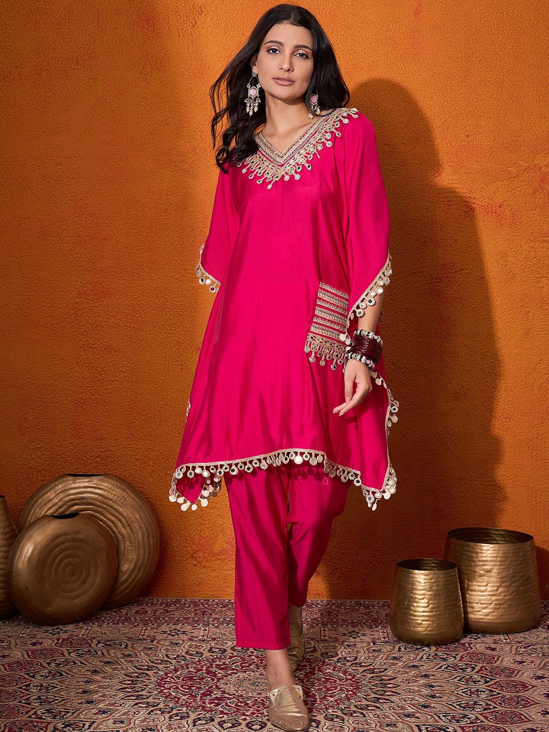Embroidered V-Neck Mirror work Kaftan