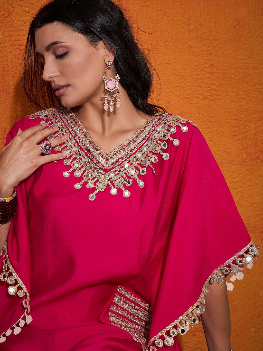 Embroidered V-Neck Mirror work Kaftan