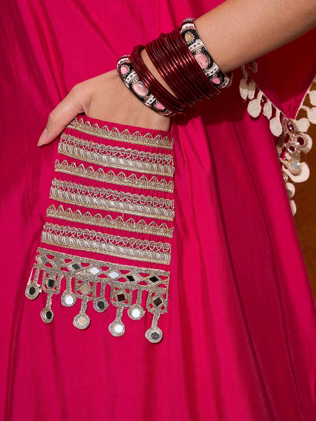 Embroidered V-Neck Mirror work Kaftan