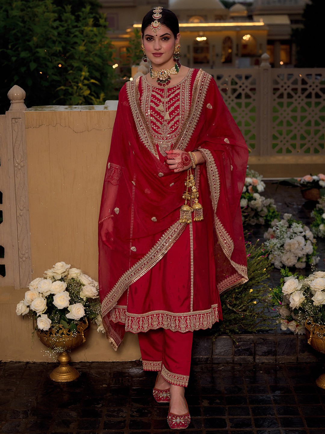 Embroidered Panelled Kurta With Trousers & Dupatta