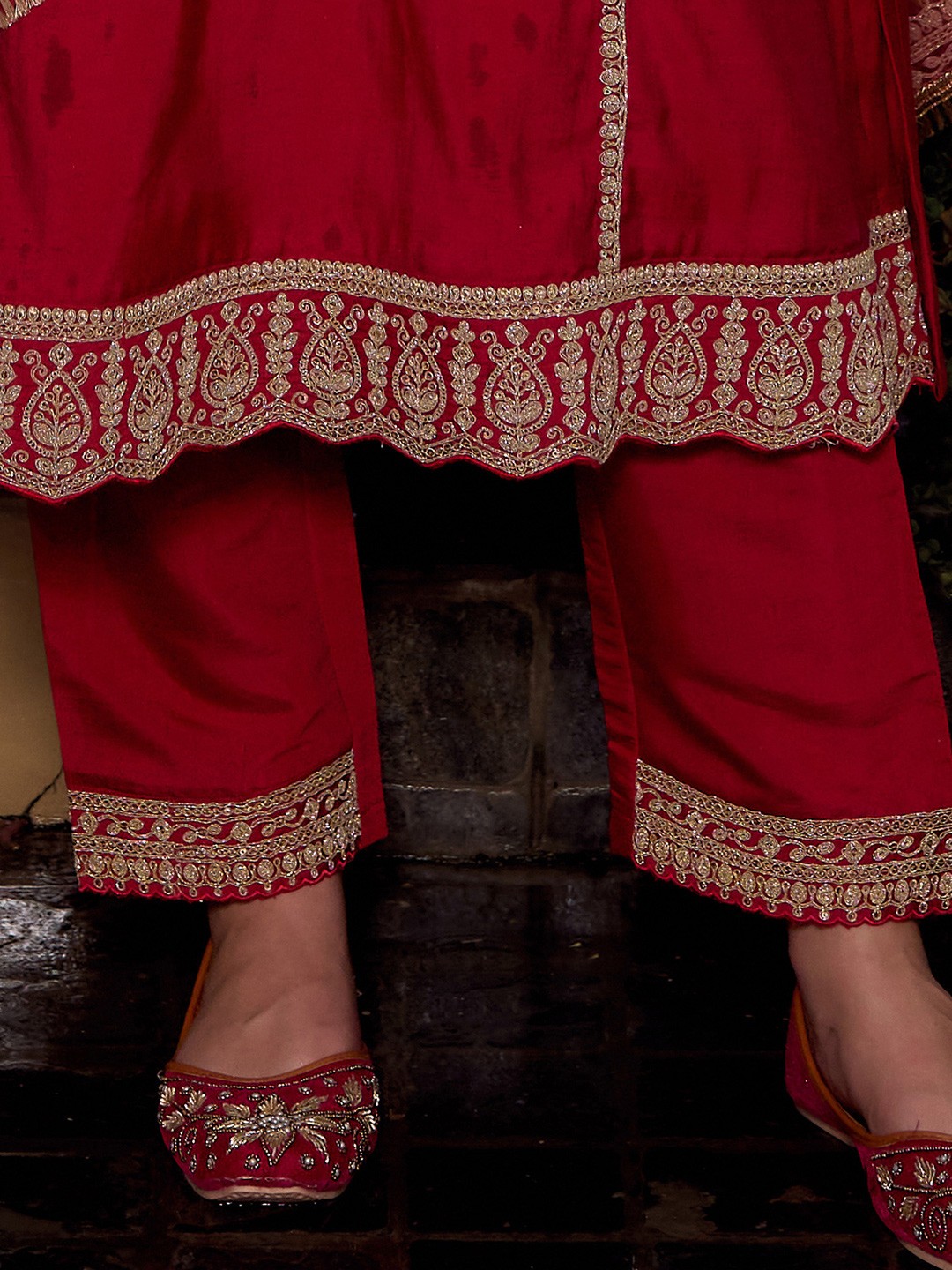 Embroidered Panelled Kurta With Trousers & Dupatta