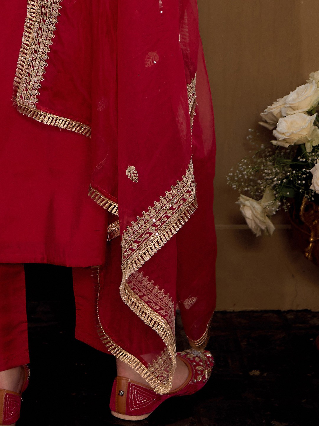 Embroidered Panelled Kurta With Trousers & Dupatta