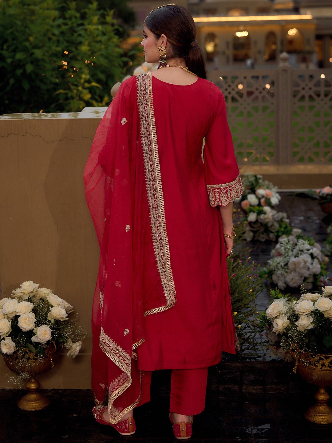 Embroidered Panelled Kurta With Trousers & Dupatta