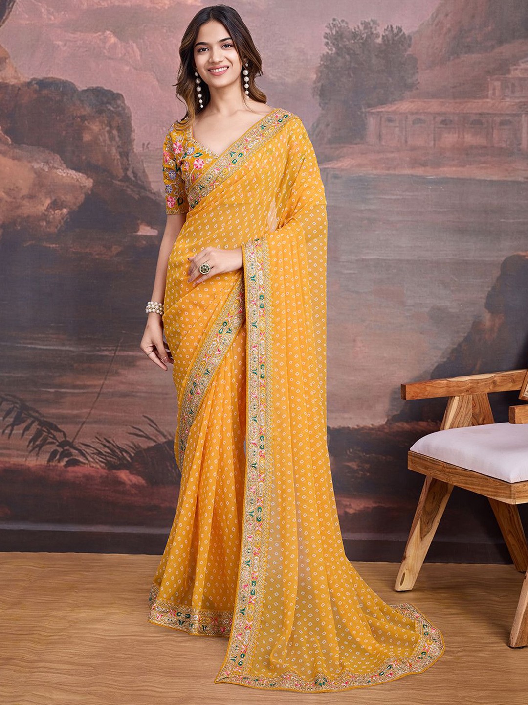 Bandhani Design Embroidered Saree