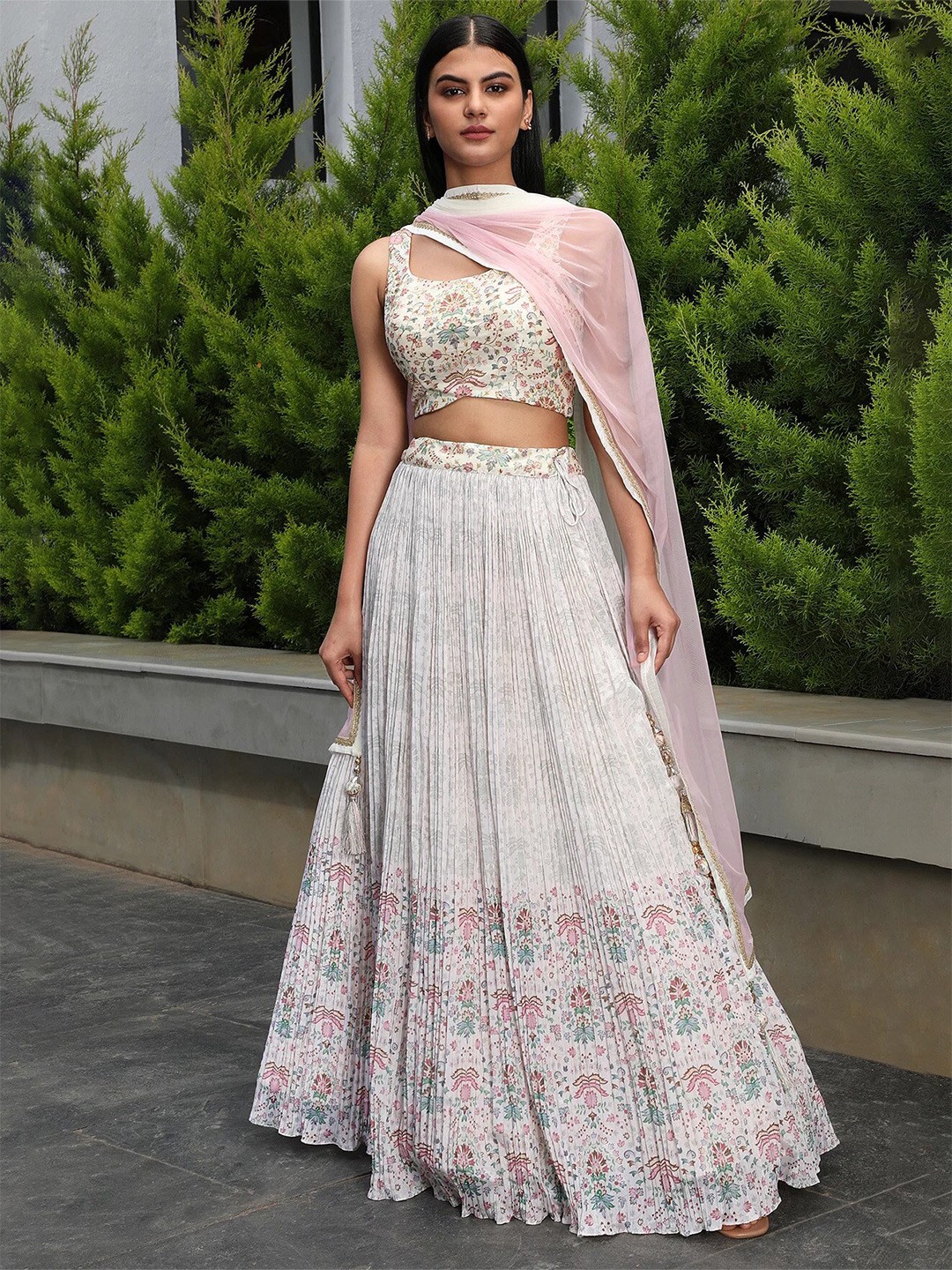 Floral Printed Pleated Lehenga Choli With Dupatta